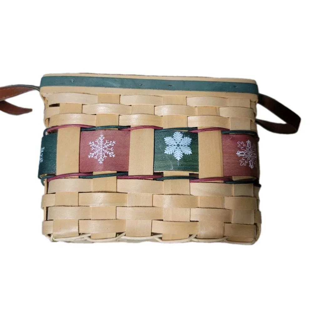 2 Christmas Baskets With Snowman Lg. & Sm Jan Shade Beach Weaved Leather Handles